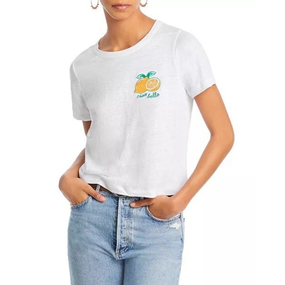 CHASER Ciao Bella Embroidered Lemonβ Tee Women's XS White Cropped Crew Neck T